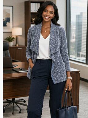 Talbots Blue Tweed Waterfall Blazer – Size Large Petite | Cotton Blend Open Fron